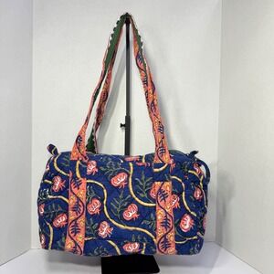 Pomegranate Blue Tomato Pattern Quilted 100% Cotton Medium Duffel Shoulder Bag